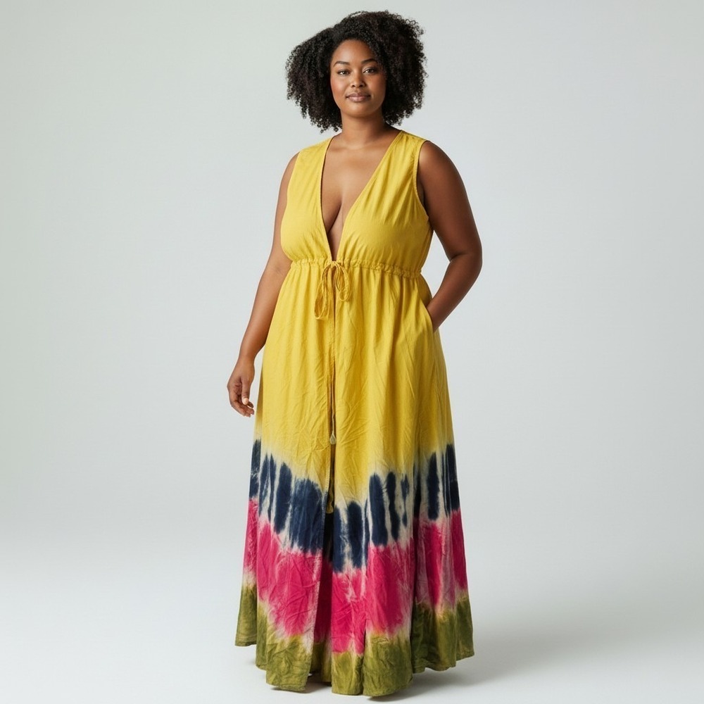 Yellow dress with a‎ colorful tie-dye pattern on the hem Rainbow Spring Dress